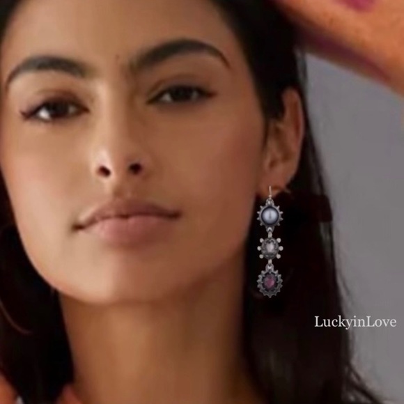 ALEXIS BITTAR • NEW Gold Gunmetal Pearl Stone 3 Stone Drop Spiked Earrings - Picture 9 of 11